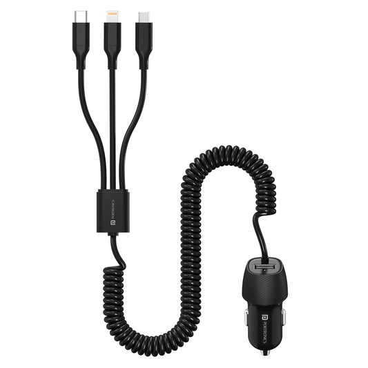 Portronics Car Power 3X fast car charger | Smart car charger with built-in 3-in-1 cable supporting Type-C Lightning and Micro USB plus USB-A port | car charger for iphone android and multiple devices while driving