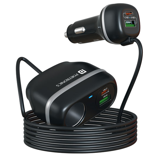 Portronics Car Power Trail 111W four-port car charger with extended cable for front and back seat charging and built-in cigarette lighter socket.