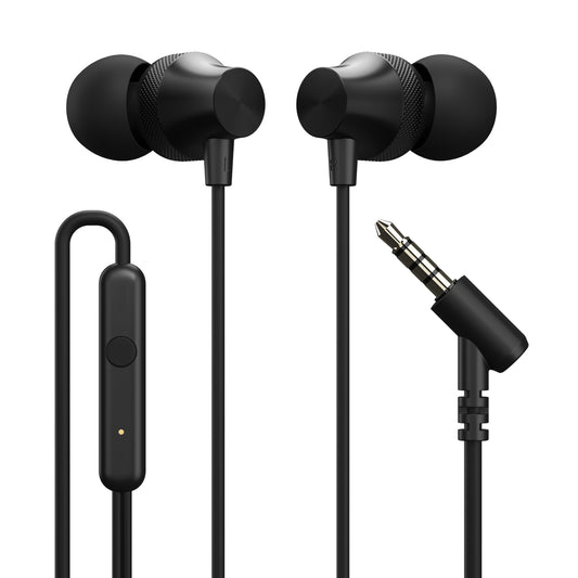 Black Portronics Conch Beat A in-ear wired earphones with metal alloy earbuds| best wired earphones online| wired earphone with hd mic