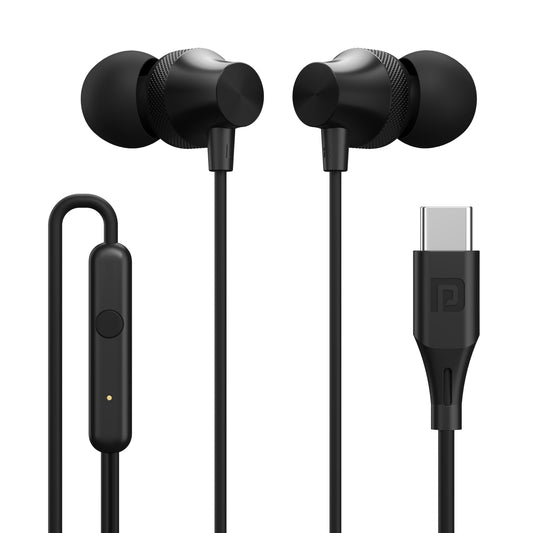 Black Portronics Conch Beat C in-ear type c wired earphones with metal alloy earbuds| best wired earphones online|type c earphone with hd mic