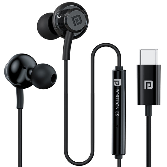 Portronics Conch Gamma C wired earphones with mic and Type C jack for crystal-clear calls and music on smartphones and laptops| best wired earphones online