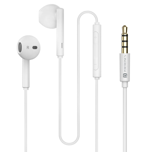 White Portronics Conch Theta A wired earphones with 14.2mm drivers, offering immersive sound and sweatproof design for mobile and laptop users