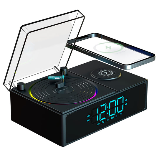 Portronics Sound Flow wireless speaker bluetooth with 15W wireless charger | Ideal bedside speaker for music and charging with digital clock and white noise modes | This wireless speaker offers stereo sound and fast wireless charging convenience.