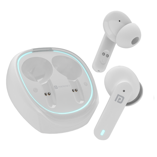 White Portronics harmoncis twins s11 bluetooth earbuds| wireless earbuds online| best earbuds at low price| Portronics Harmonics Twins S11 latest earbuds, featuring a speaker with deep bass, advanced wireless Bluetooth technology